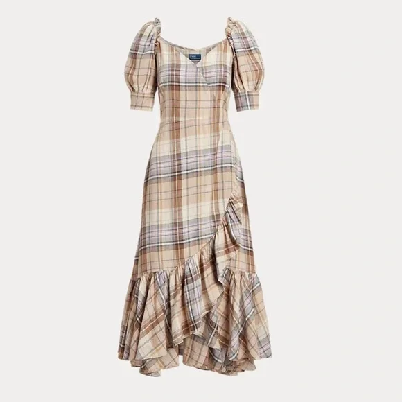 Polo Ralph Lauren Plaid Linen Midi Wrap Dress